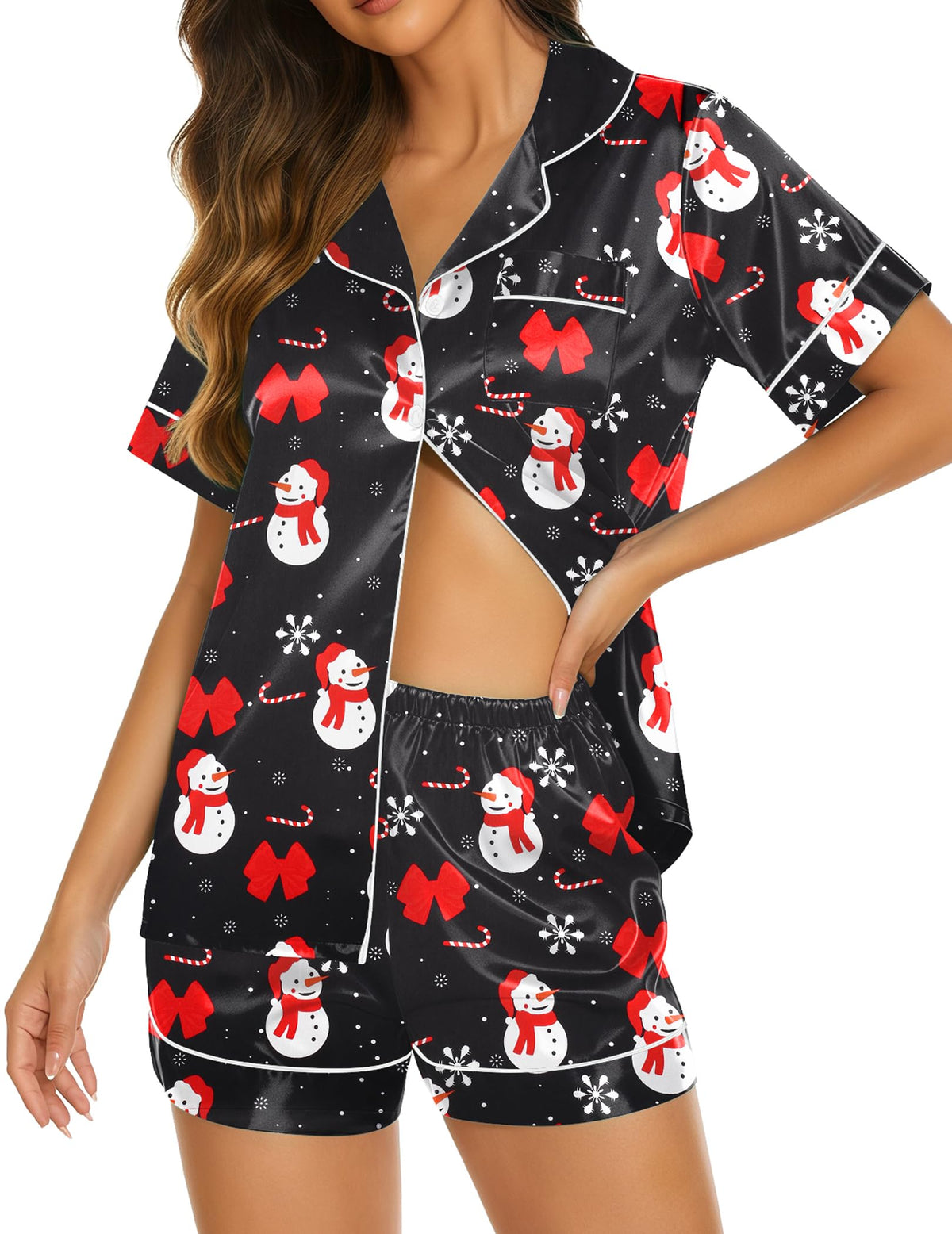 Ekouaer Womens Pajamas Silk Satin Short Sleeve Button Down Pjs Shorts Set