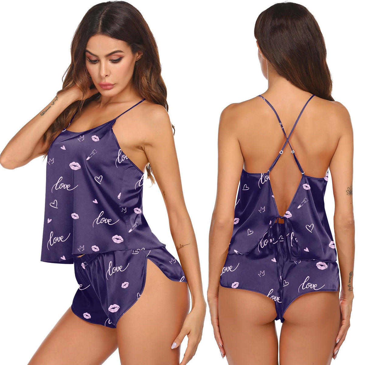 Ekouaer Silk Pajamas Set for Women Satin Backless Lingerie Pjs Cami Top and Shorts Nightwear