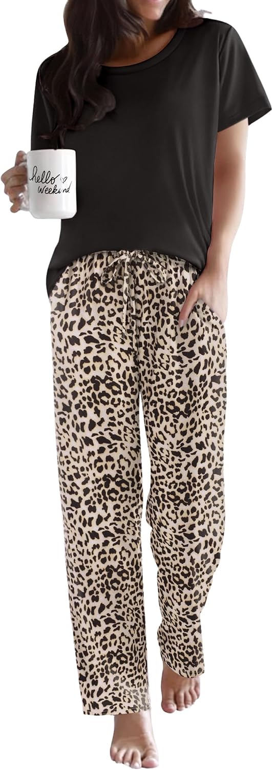 Ekouaer Womens Pajamas Sets Round Neck Pjs Loose Lounge Sets Sleepwear