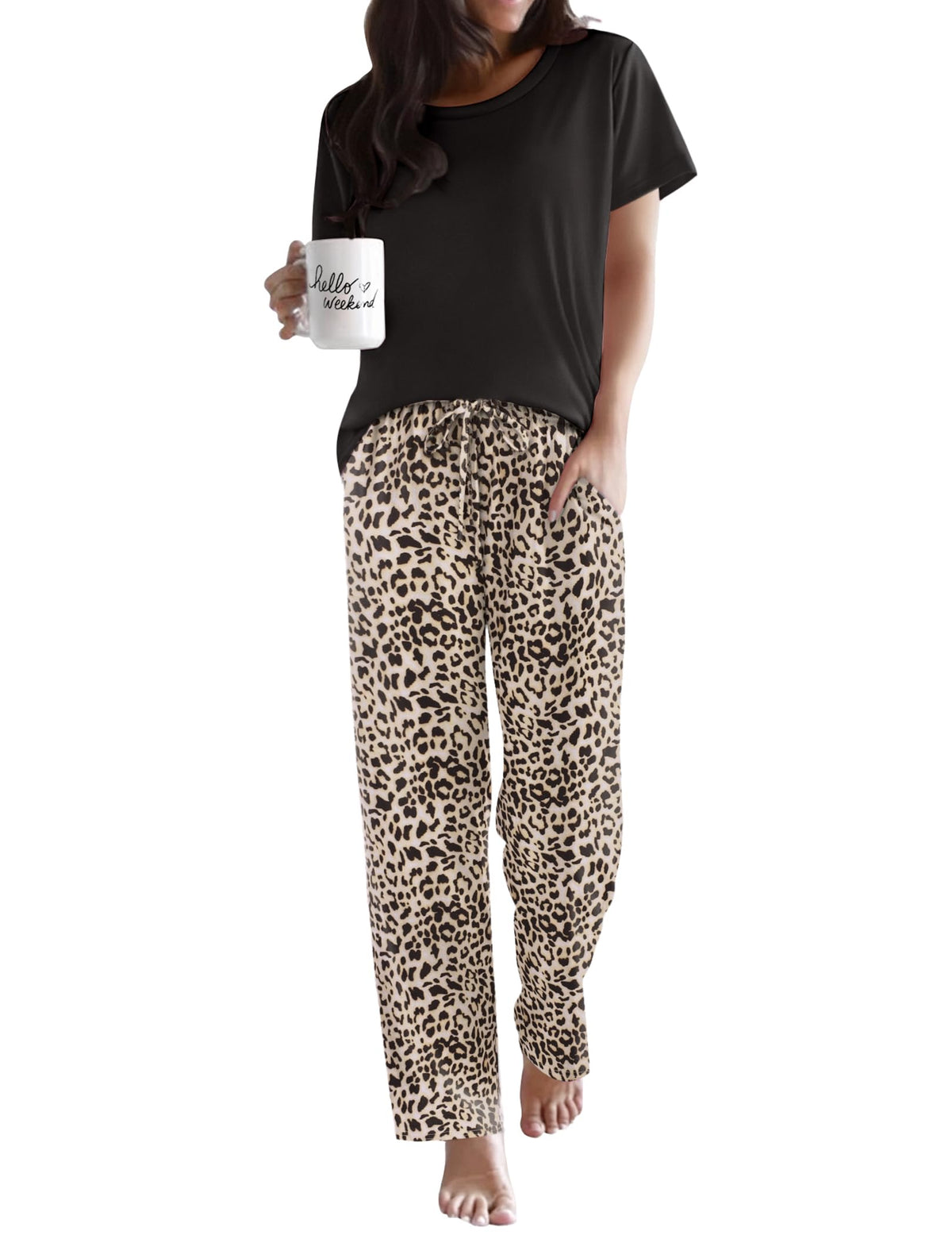 Ekouaer Womens Pajamas Sets Round Neck Pjs Loose Lounge Sets Sleepwear