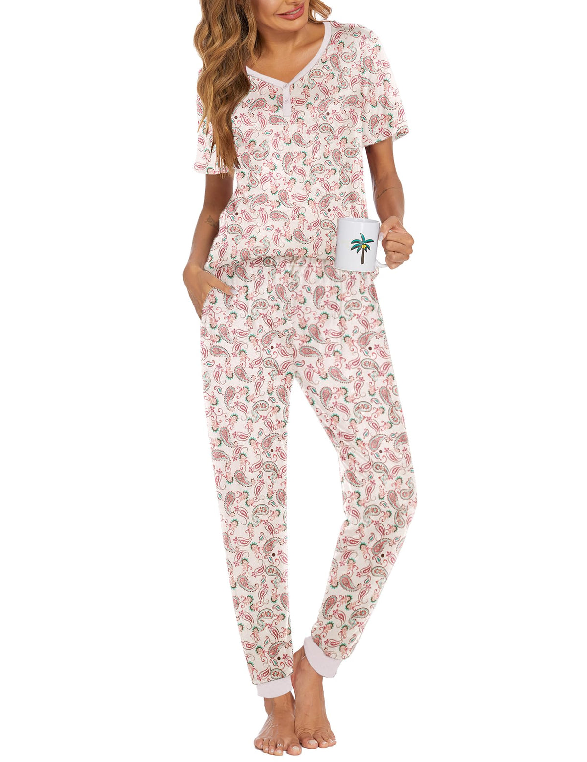 Ekouaer Pajamas for Women Set 2 Piece Short Sleeve Fall Pjs with Pockets