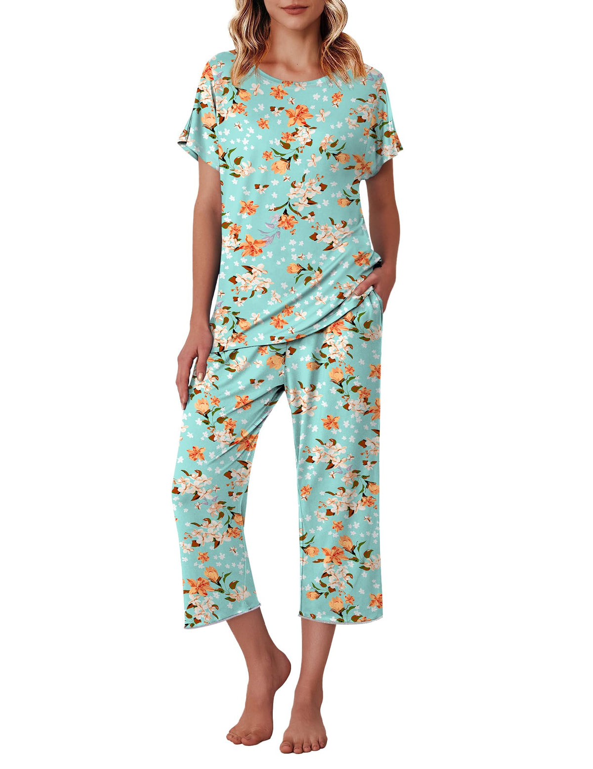 Ekouaer Womens Capri Pajama Sets Print Short Sleeve Sleepwear Top and Pants