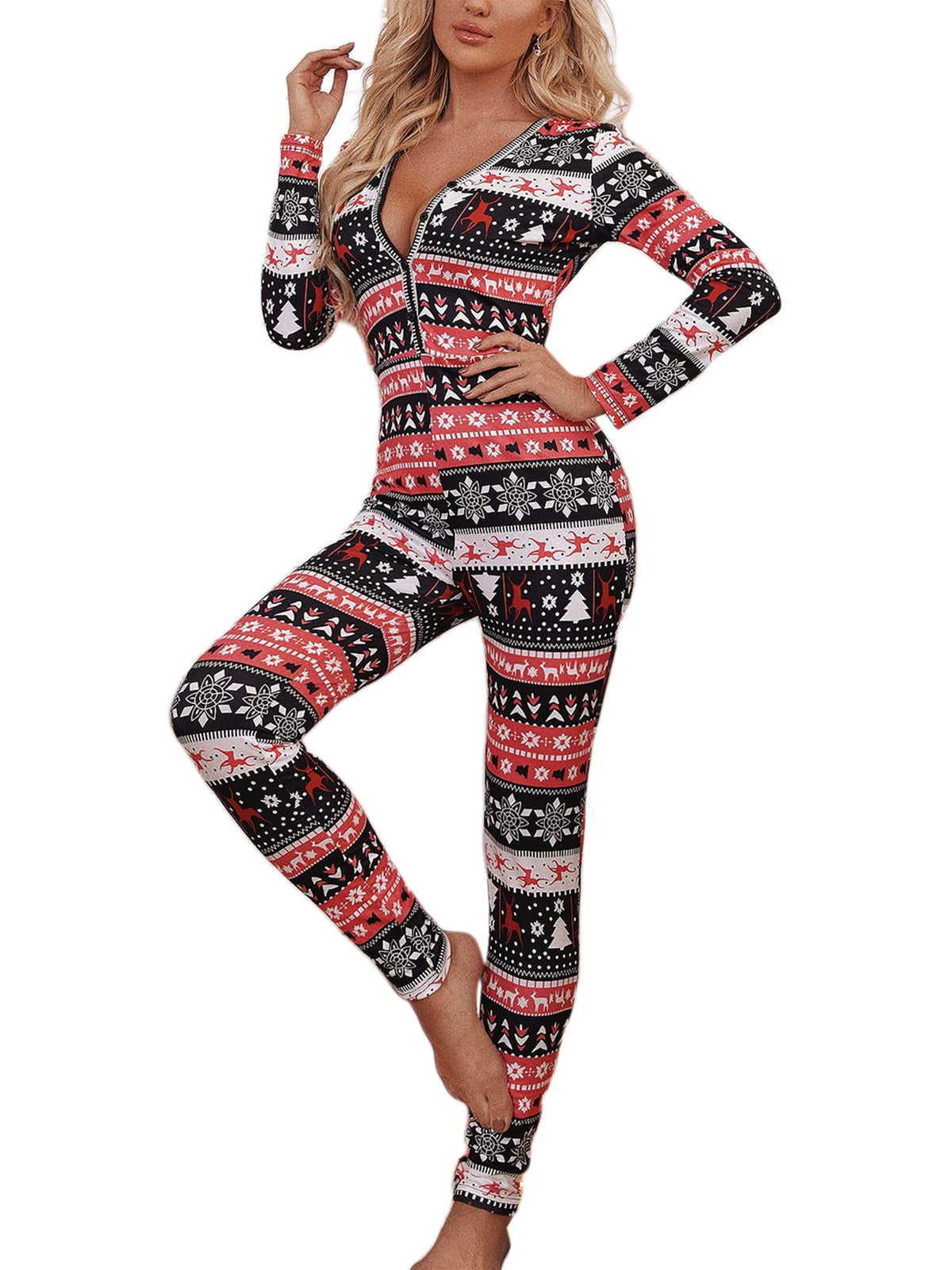 Women Christmas Button V-Neck Jumpsuit Long Sleeve Bodycon Pajama Sleepwear
