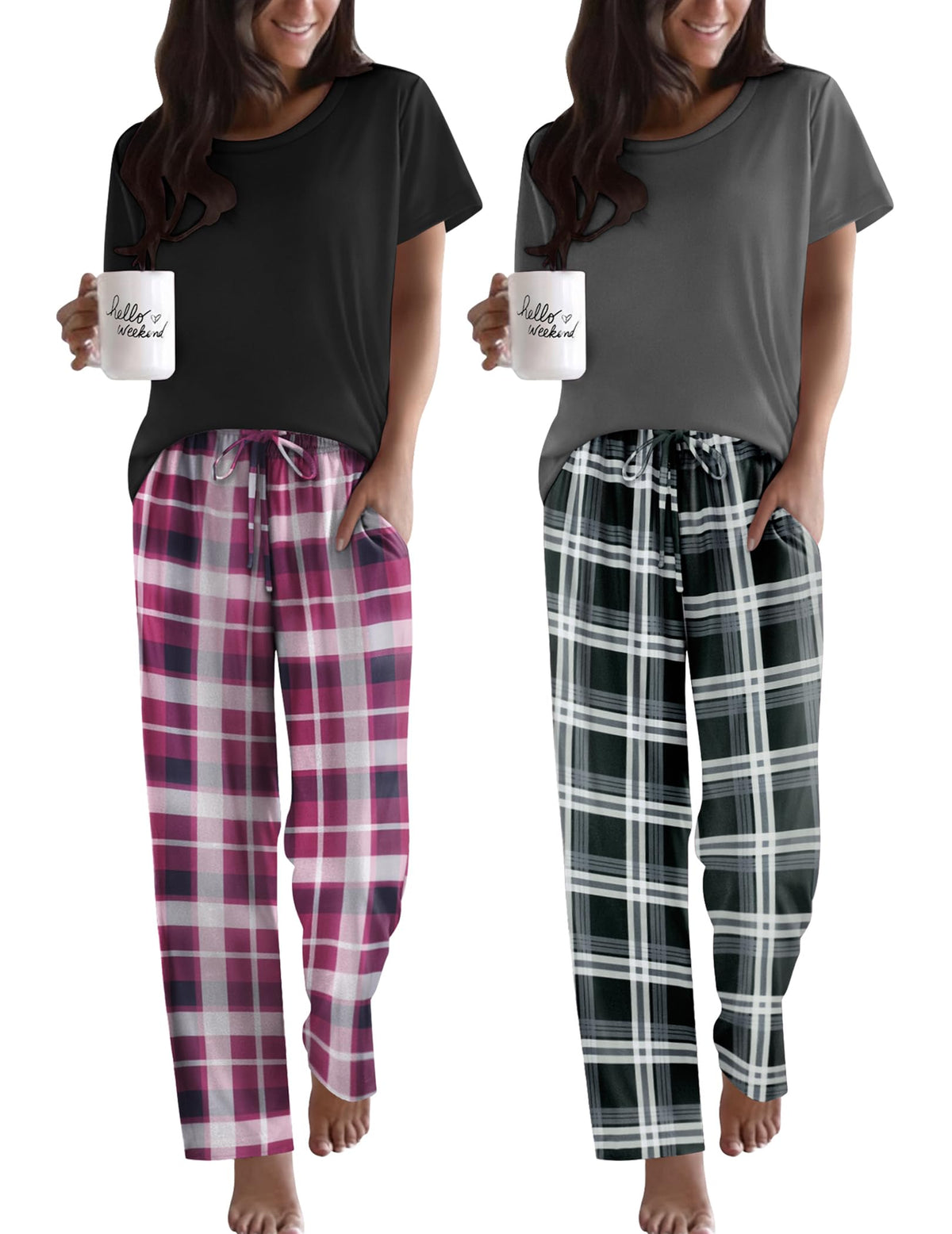 Ekouaer 2 Pack Womens Pajama Set Short Sleeve Top and Printed Pants Soft Pj