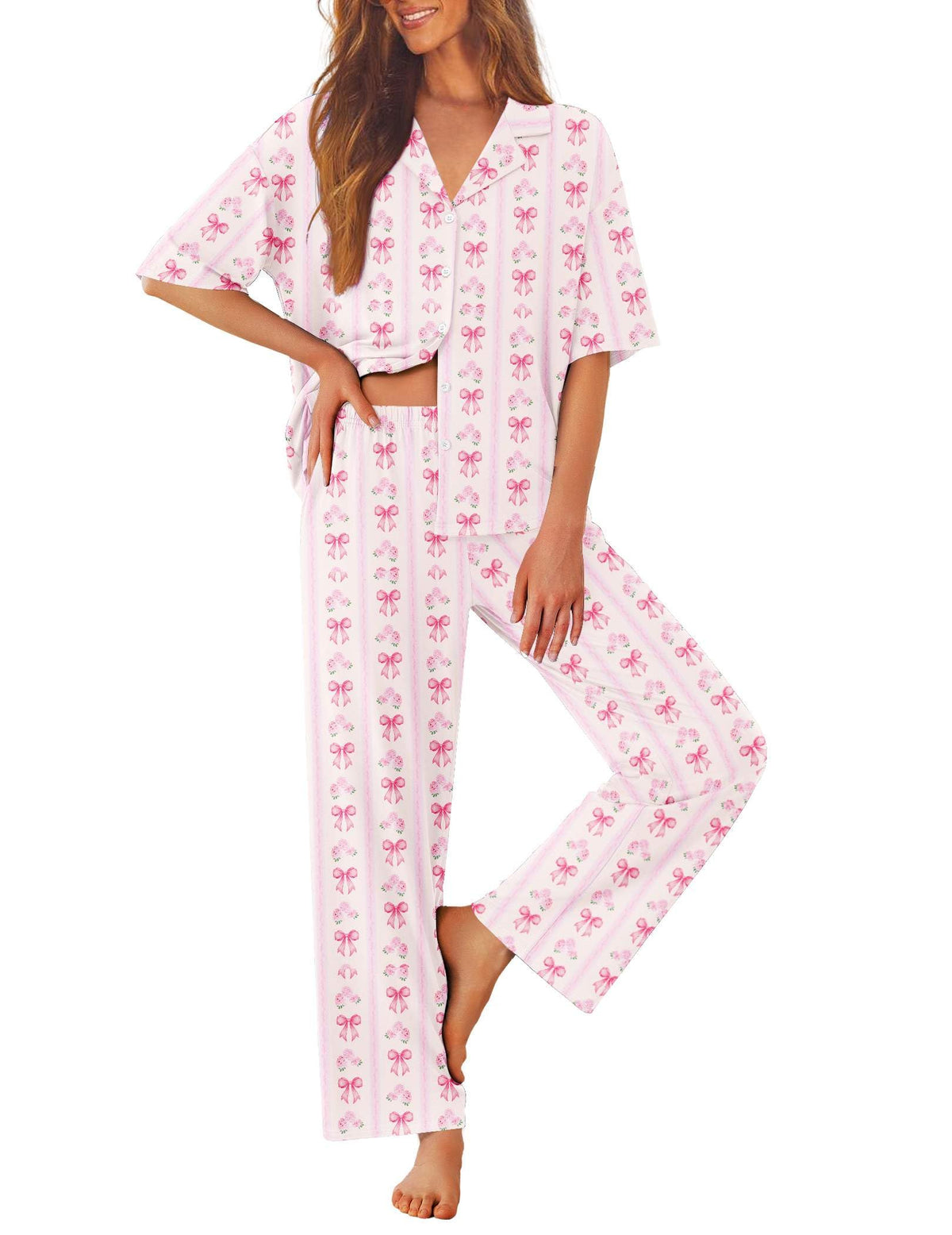 Ekouaer Women Pajamas Set Button Down Sleepwear Short Sleeve Pjs Long Pants