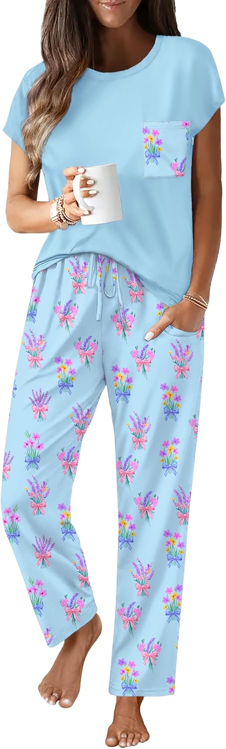 Ekouaer Womens Pajama Sets 2 Pcs Short Sleeve Lounge Set with Pockets