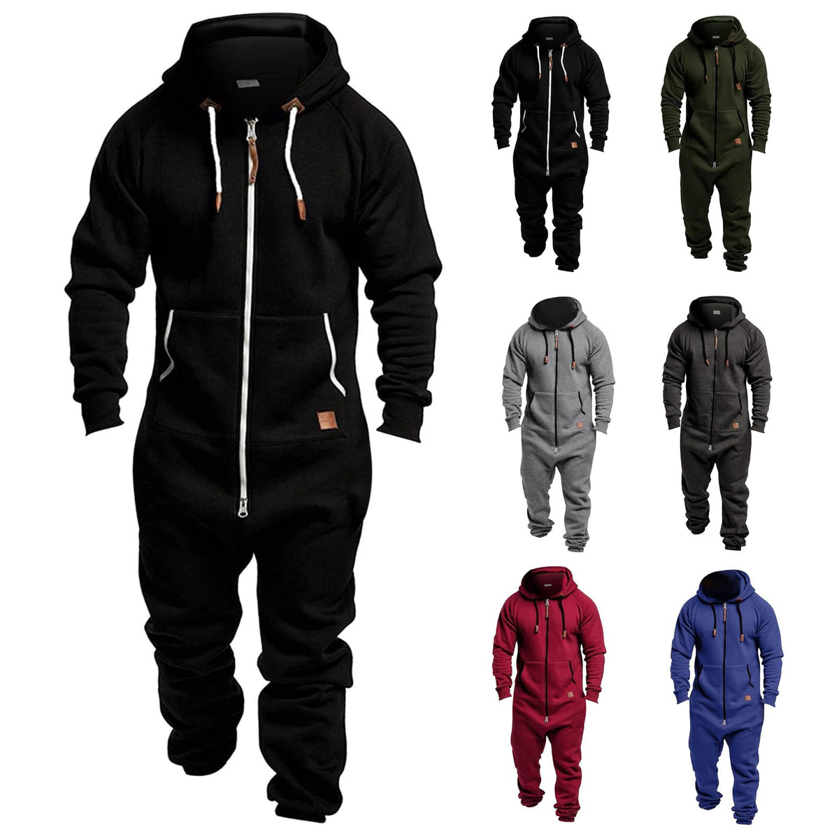 Mens Fleece Lined Hooded Jumpsuit Zip Up One Piece Pajamas Playsuit Jogger Sweatsuit Overall Romper Winter Tracksuit