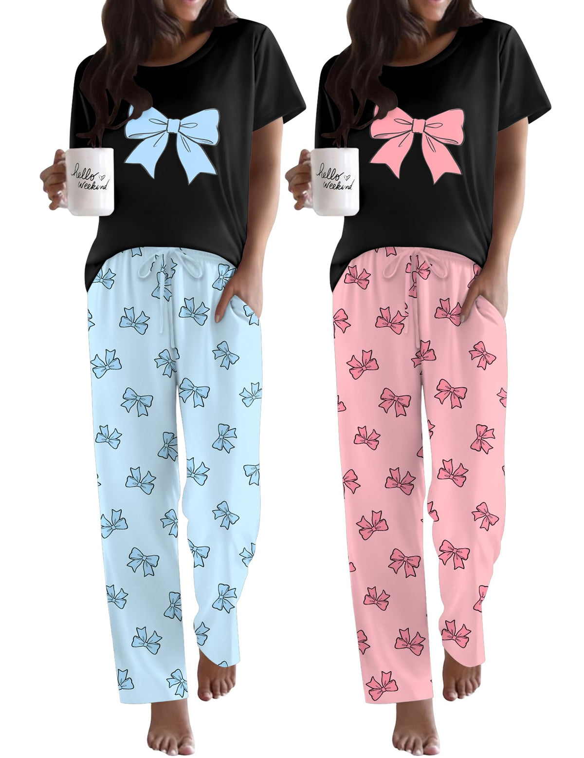 Ekouaer 2 Pack Womens Pajama Set Short Sleeve Top and Printed Pants Soft Pj