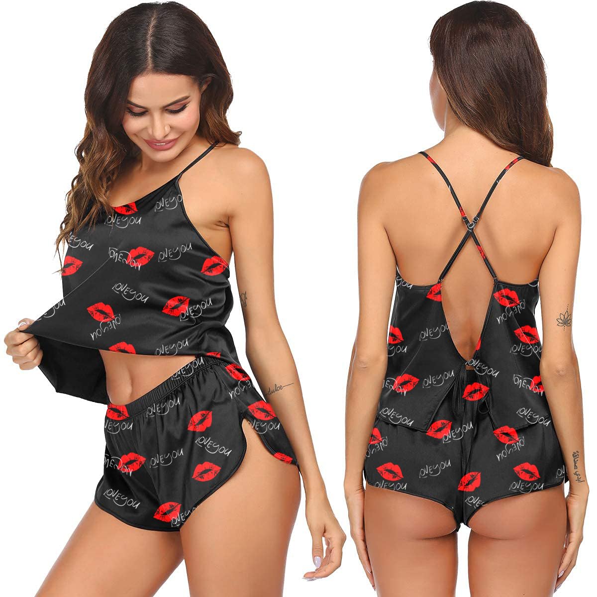 Ekouaer Silk Pajamas Set for Women Satin Backless Lingerie Pjs Cami Top and Shorts Nightwear