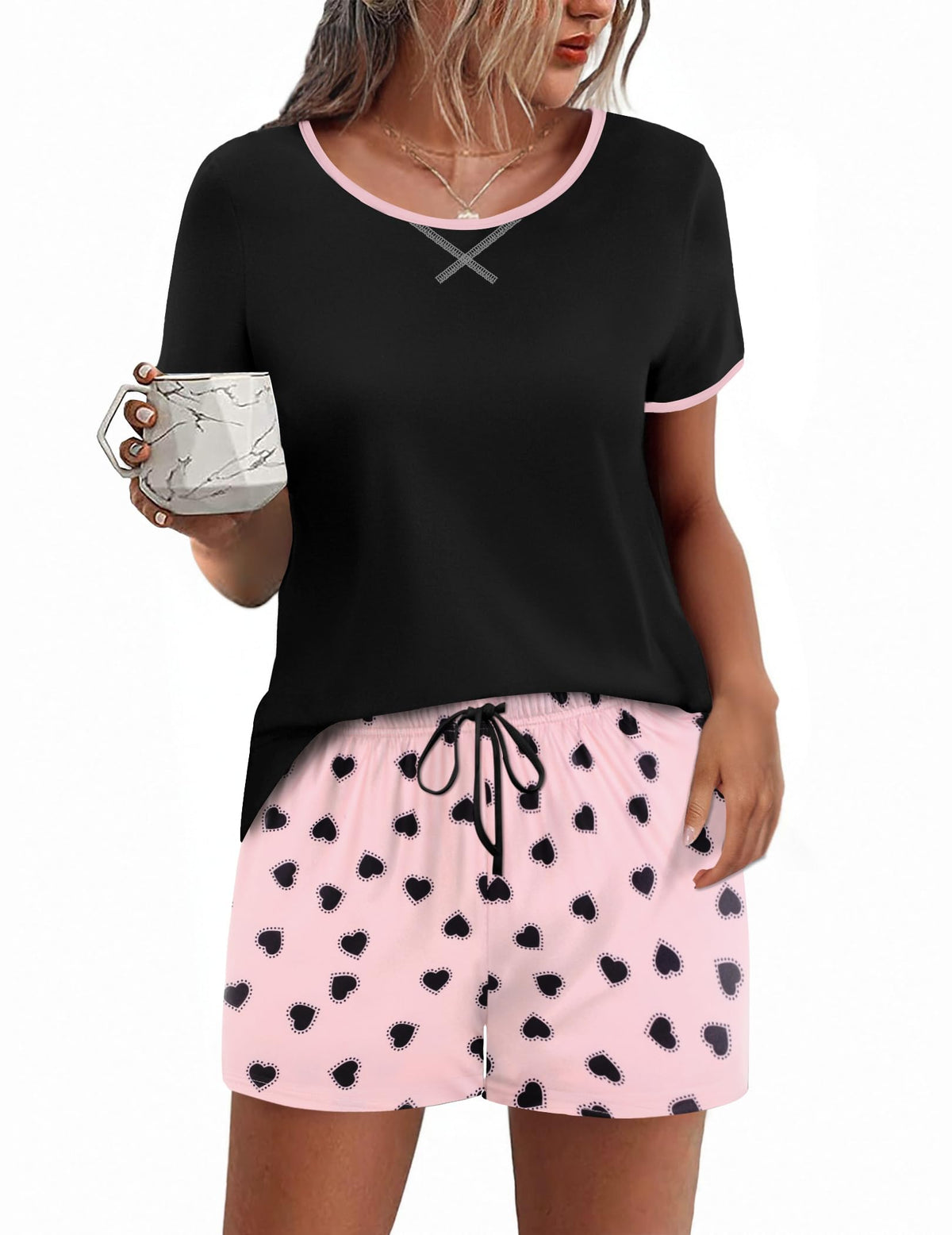 Ekouaer Women Pajama Set Casual Shorts Sets Short Leeve Lounge Set
