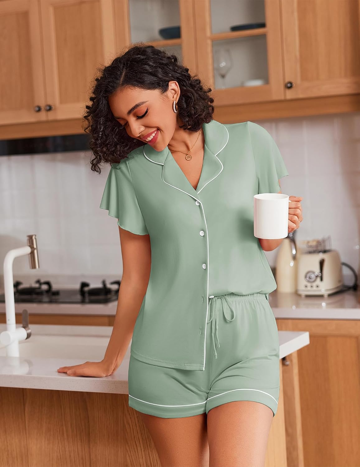 Ekouaer Pajamas for Women Set Button Up Bridal Pjs Ruffle Sleeve