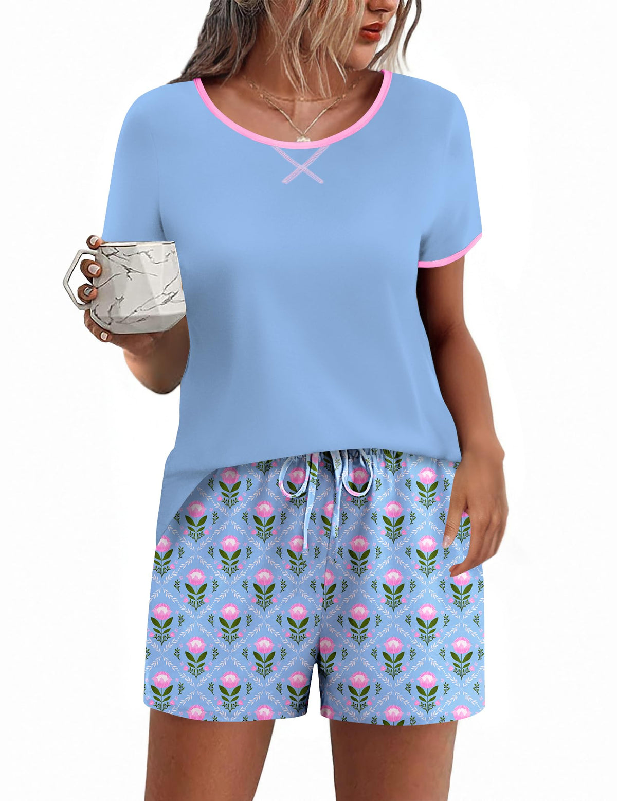 Ekouaer Women Pajama Set Casual Shorts Sets Short Leeve Lounge Set
