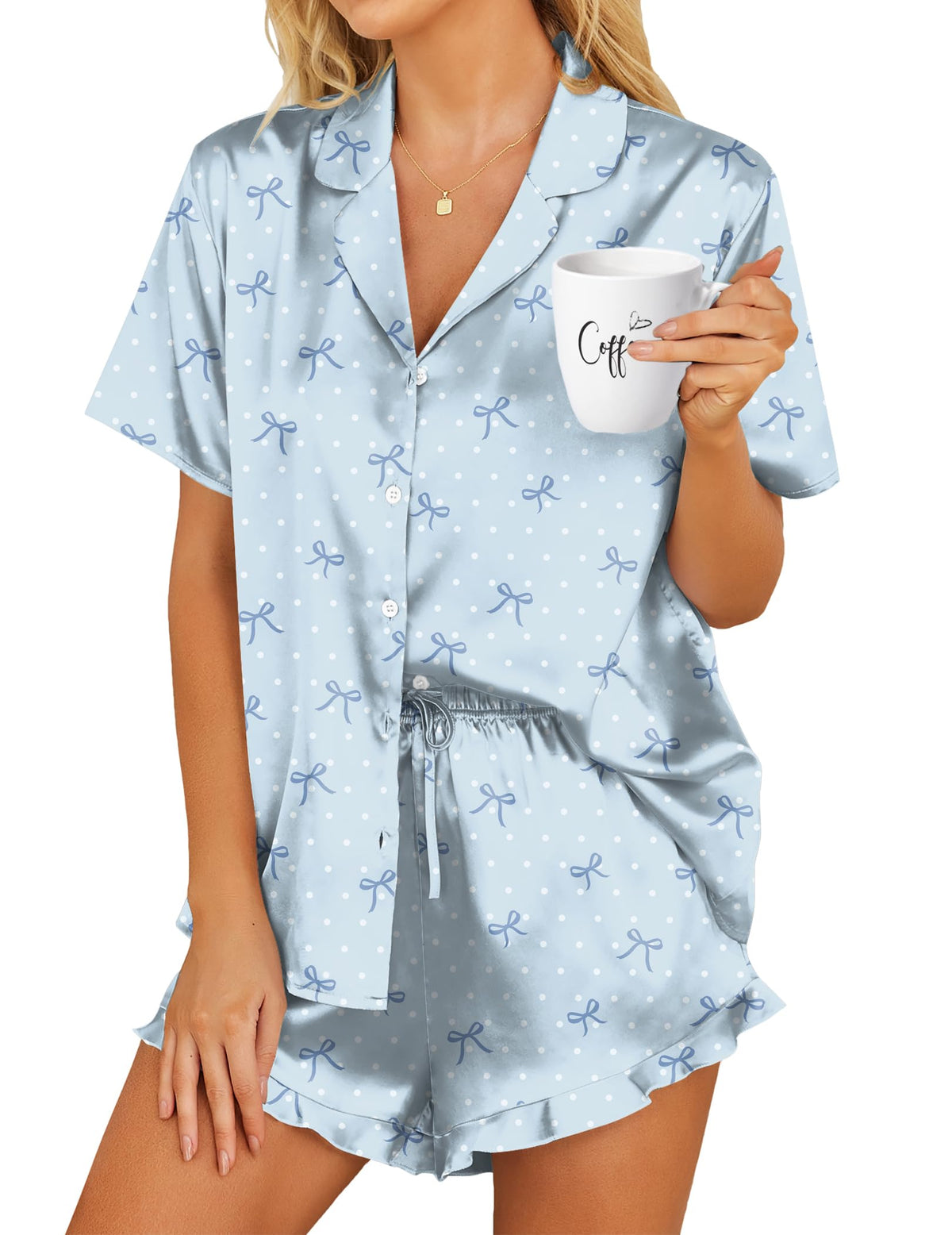 HOTOUCH Womens Satin Pajamas Set Button Down 2 Piece Ruffle Shorts Set