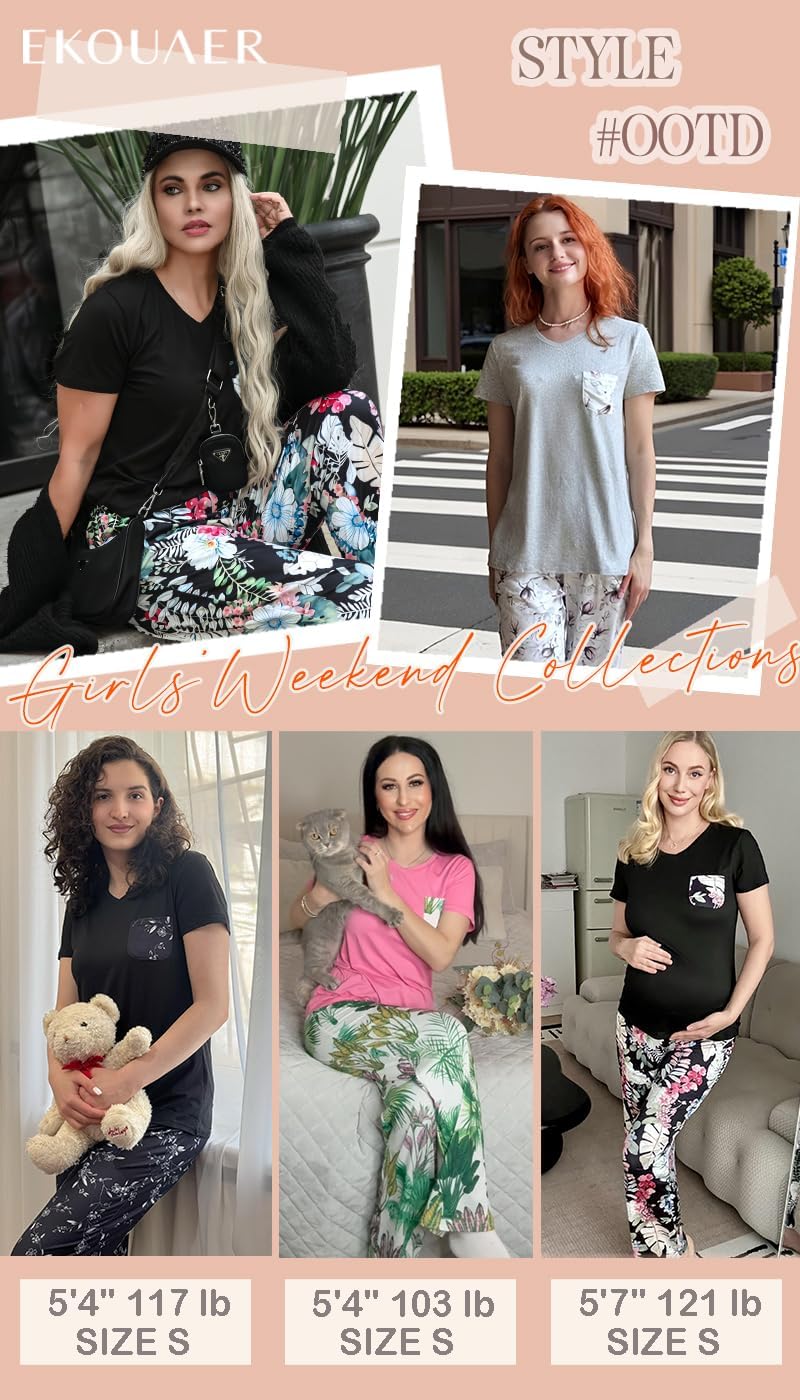 Ekouaer Pajama Sets for Women 2 Piece Short Sleeve Pj V Neck Chest Pocket