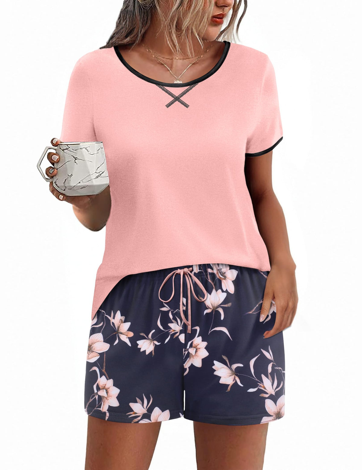 Ekouaer Women Pajama Set Casual Shorts Sets Short Leeve Lounge Set