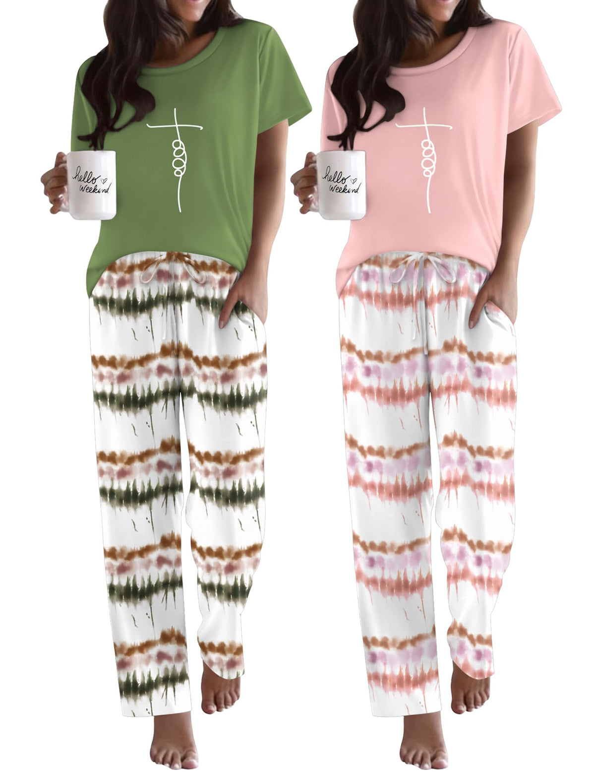 Ekouaer 2 Pack Womens Pajama Set Short Sleeve Top and Printed Pants Soft Pj
