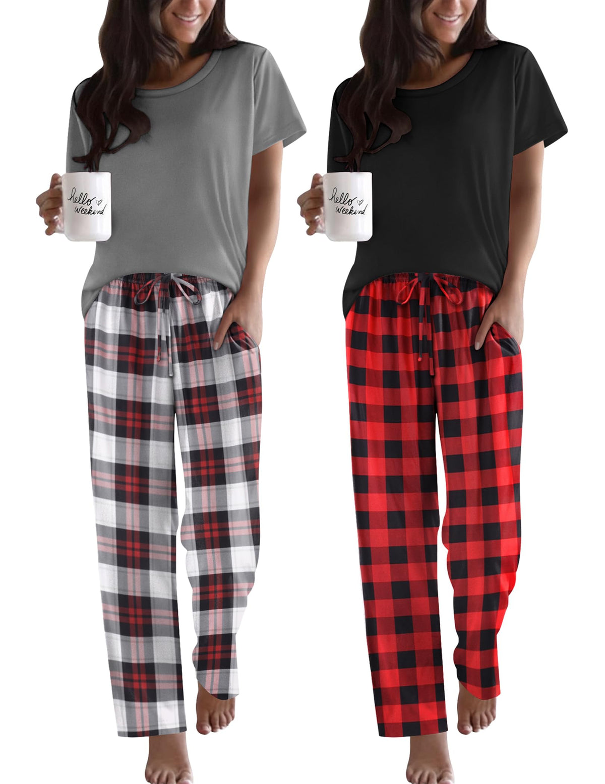 Ekouaer 2 Pack Womens Pajama Set Short Sleeve Top and Printed Pants Soft Pj