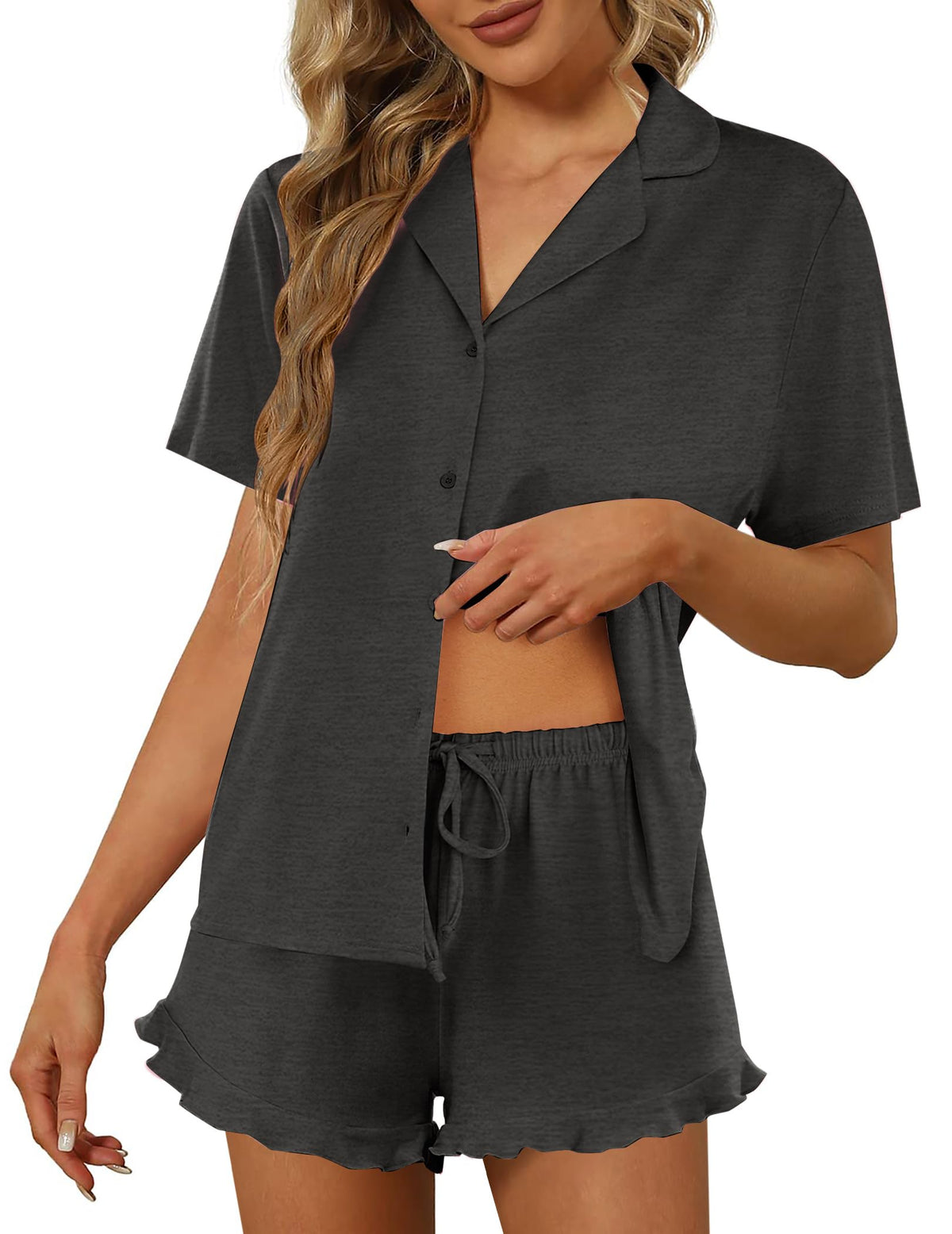 Ekouaer Pajamas Set for Women Short Sleeve Sleepwear Button Down Ruffle Pjs