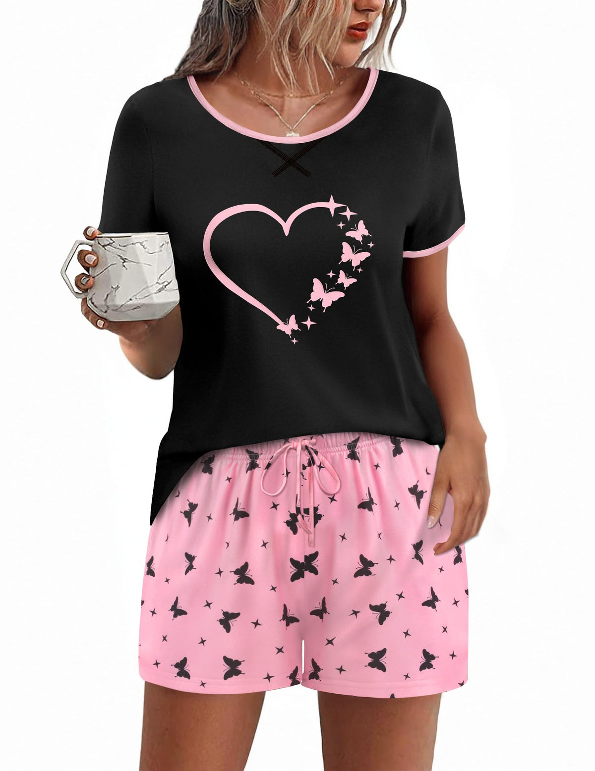 Ekouaer Women Pajama Set Casual Shorts Sets Short Leeve Lounge Set
