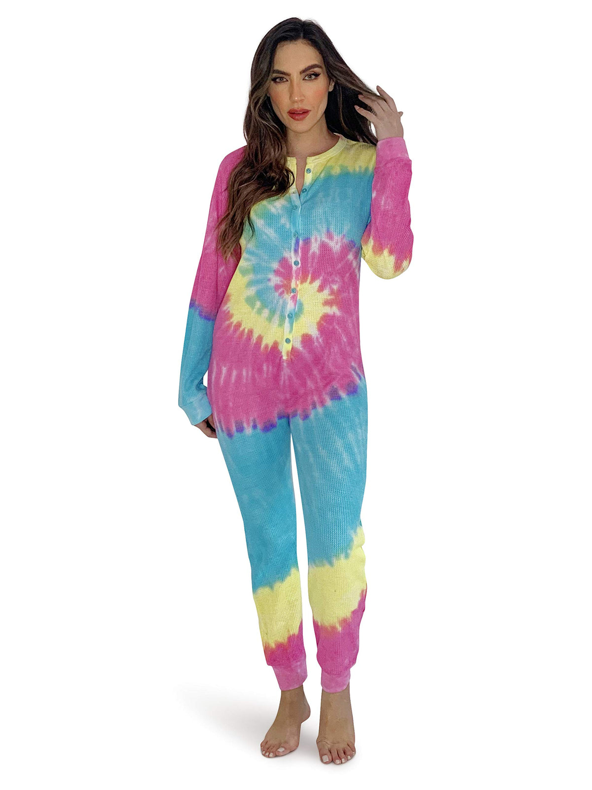 #followme Womens Henley Thermal Onesie Buffalo Plaid and Tie Dye