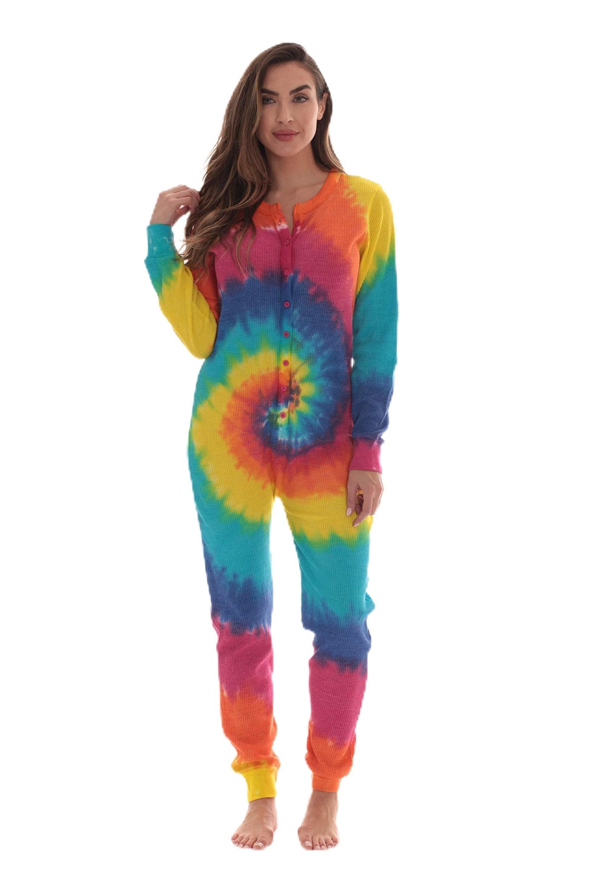 #followme Womens Henley Thermal Onesie Buffalo Plaid and Tie Dye