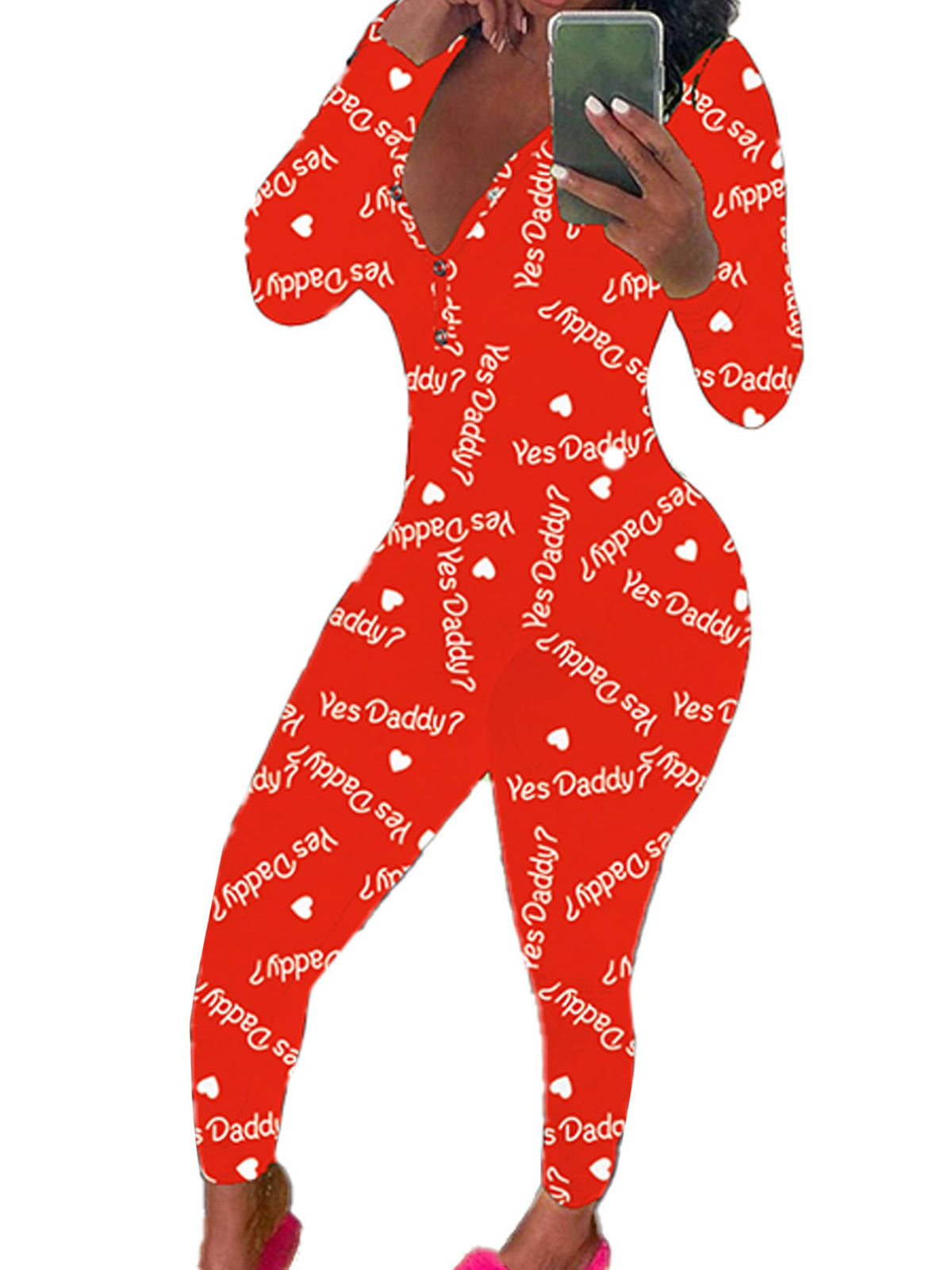 Womens Long Sleeve Button Down One Piece V Neck Bodycon Jumpsuit Pajamas