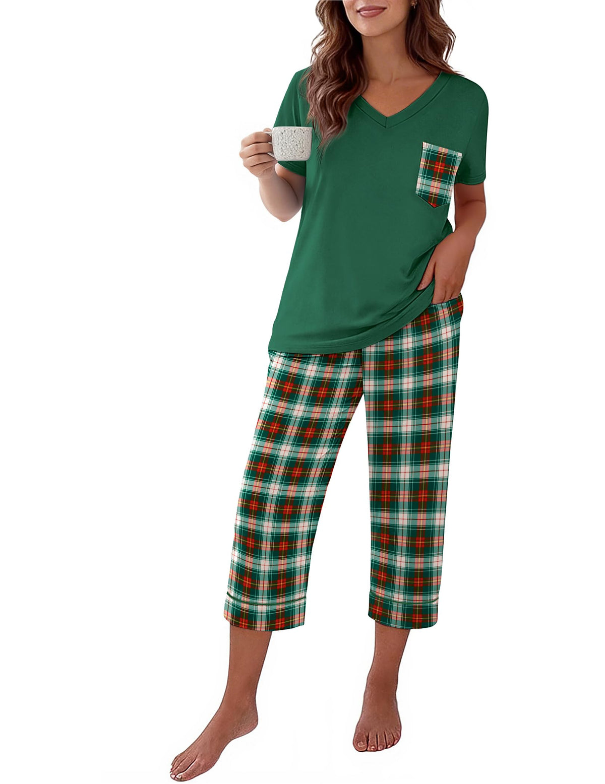 Ekouaer Cotton Pajamas for Women Set Short Sleeve Top and Capri Pants