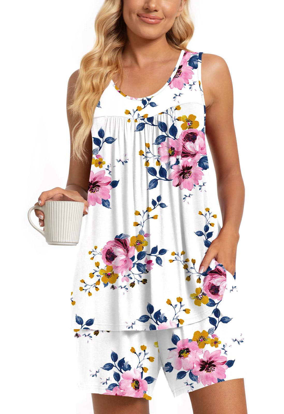 TAOHUADAO 2 Piece Women's Sleeveless Pajama Sets, Lounge Sleepwear Ladies Pjs Sets with Pockets