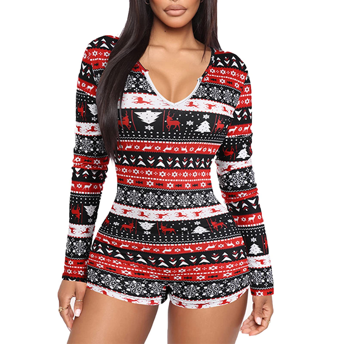 RUEWEY Women V-Neck Shorts Jumpsuit One Piece Bodysuit Pajama Long Sleeve Bodycon Rompers Overall