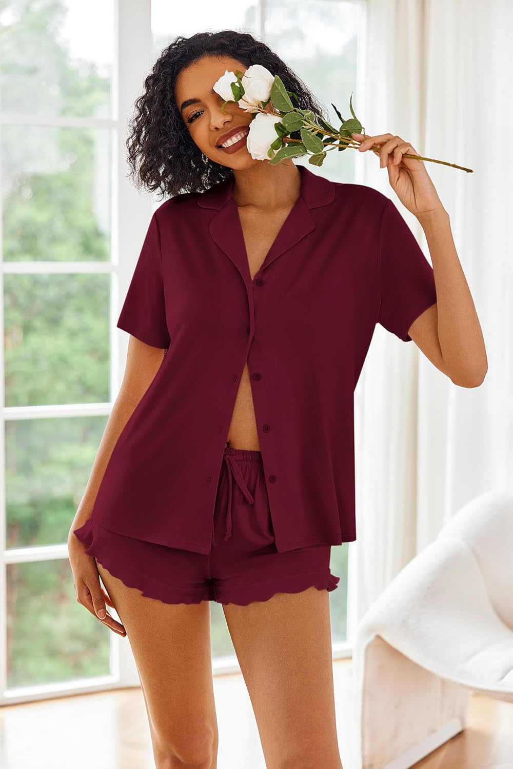 Ekouaer Pajamas Set for Women Short Sleeve Sleepwear Button Down Ruffle Pjs