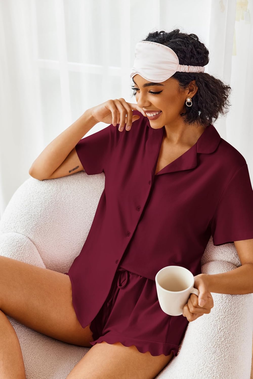 Ekouaer Pajamas Set for Women Short Sleeve Sleepwear Button Down Ruffle Pjs