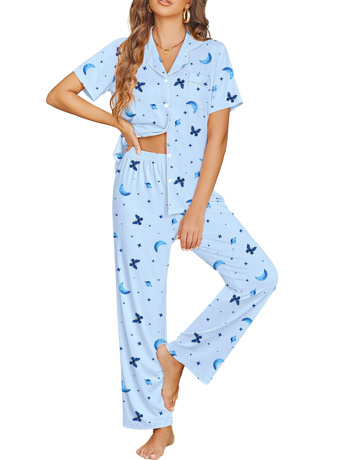 Ekouaer Womens Pajama Sets Button Down Lounge Sets 2 Piece Short Sleeve Pjs