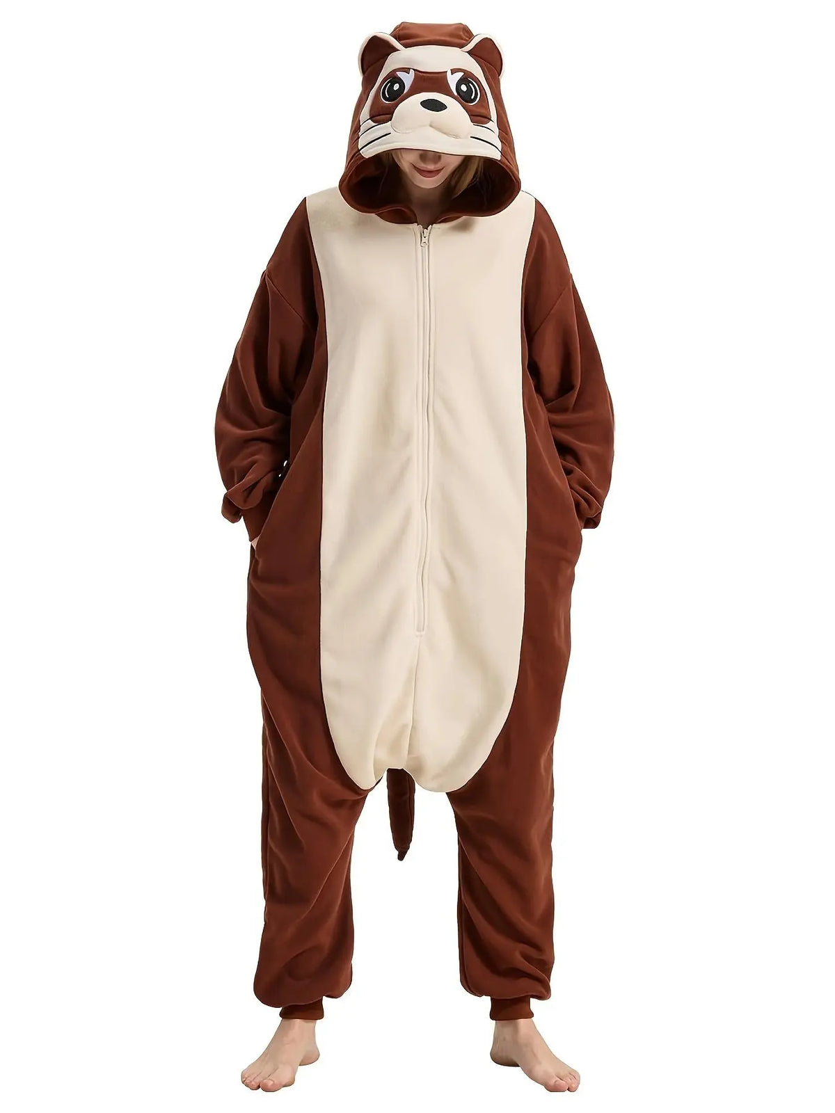 Women's Plus Size Ferret Animal Onesie - Cozy Plain Polyester Long-Sleeve 1-Piece Cosplay Sleeping Jumpsuit, Machine Washable All-Season Sleepwear, 2XL Loose-Fitting Statement Loungewear