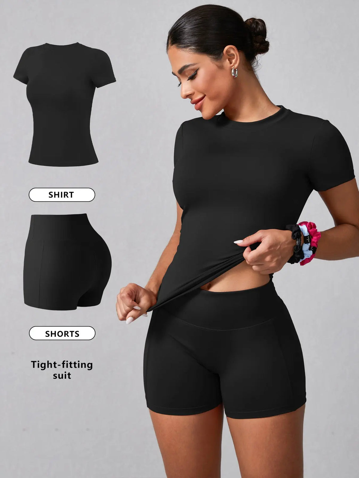 Women's Basic Solid Tee & High Waist Shorts Loungewear, Casual Comfy Round Neck Short Sleeve T-Shirt & Skinny Shorts PJ Set, Ladies Sleepwear for Summer, Pajama, Casual Fitted Sleepwear, Pajama Sets