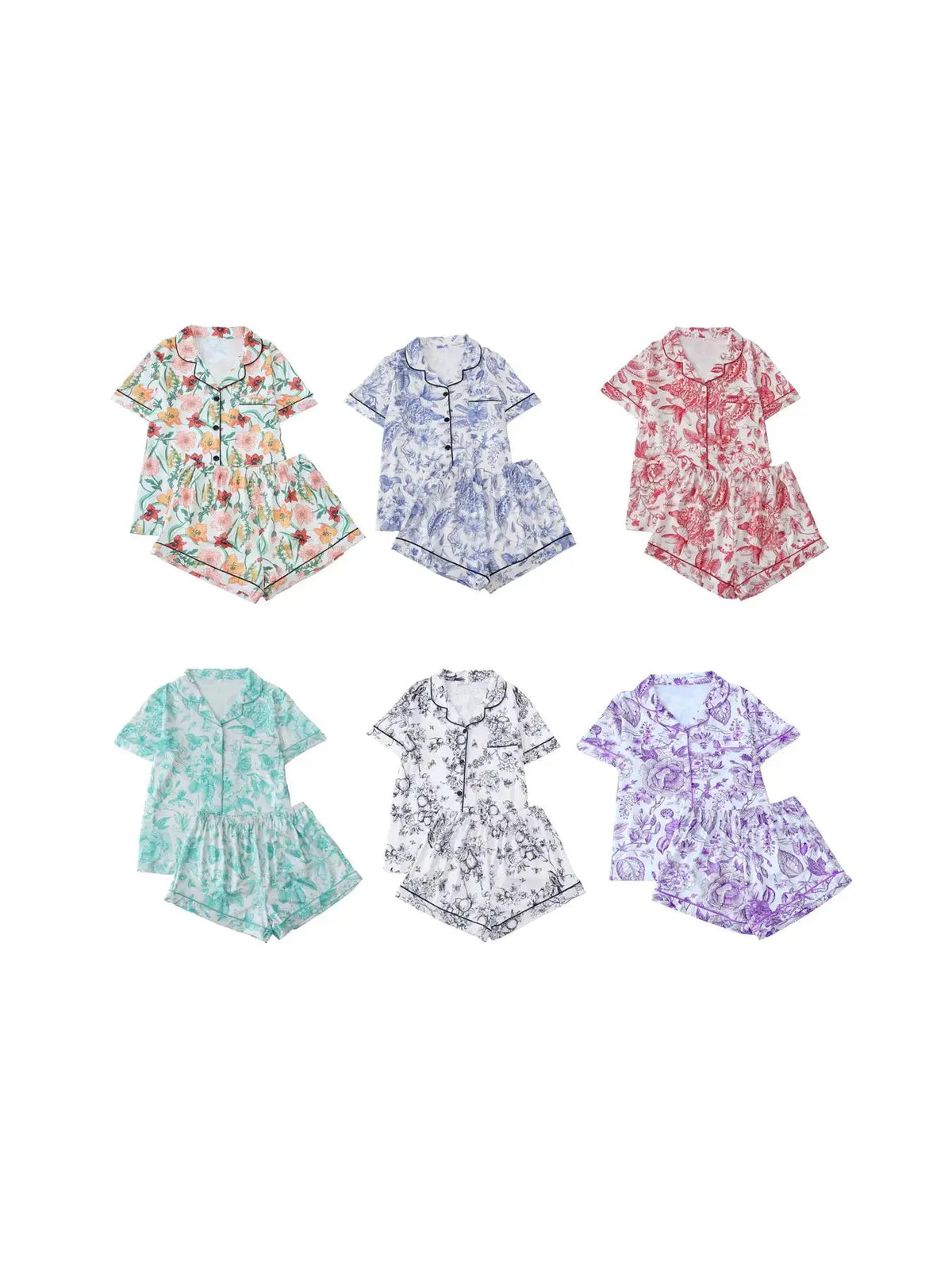 2 Counts Women's All Over Print Contrast Binding Lapel Shirt & Shorts Pyjama Set, Back To School Button Front Short Sleeve Top & Elastic Waist Shorts Pj Lounge Set For Fall, Casual Two-piece Sleepwear Loungewear Co-ord Set for Women