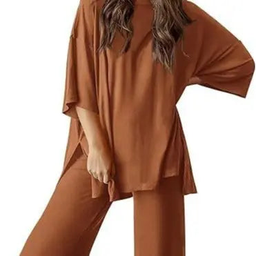 PHEFEE 2 Piece Outfits for Women Loungewear Sets Oversized Short Sleeve Top Wide Leg Pants Casual Matching Sets Soft Milk Silk,sohochic