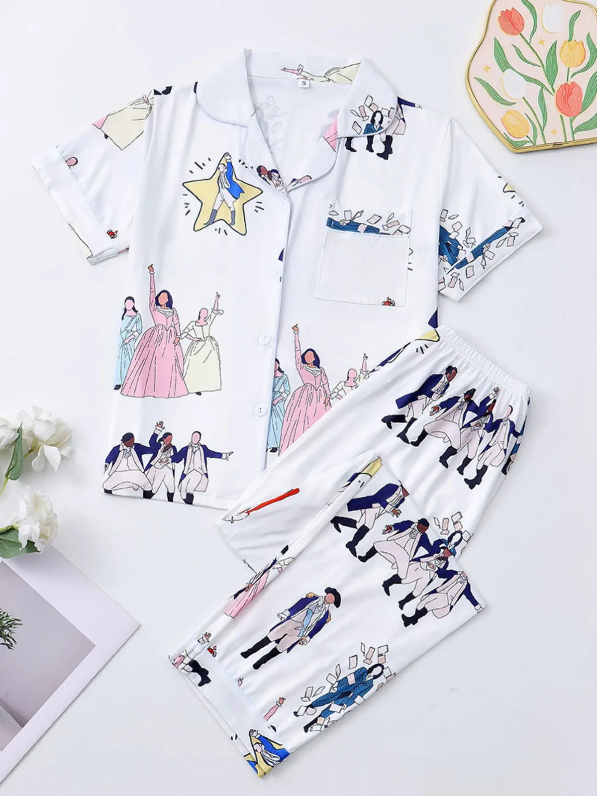 Women's Cartoon Print Pajama Set, Comfortable Short Sleeve Shirt Top & Elastic Waist Pants, Casual Nightwear for All Seasons Halloween Pjs