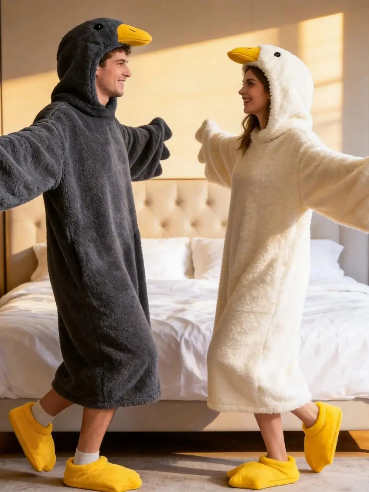 Funny Duck Theme Onesie Set, Fleece Lined Thickened, Includes Robe and Duck Foot Covers, Soft Cute Lazy Loose Pajamas, Party, Loungewear, Nightwear