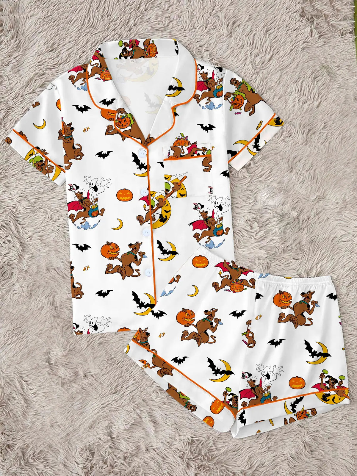 Women's Halloween Pajama Set, Cute Cartoon Pumpkin, Bat, Ghost & Animal Print, 2-Piece Short-Sleeve Sleepwear Loungewear, Fitted for All Seasons, Pyjamas Set