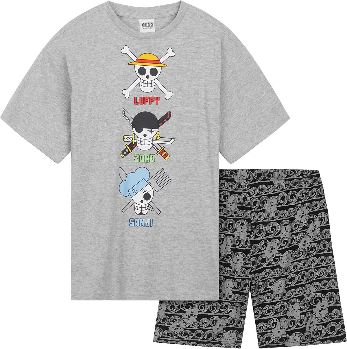 One Piece Pajama Set 2-Piece T shirt and Shorts Set Boys Summer PJ Set Loungewear Kids Clothing Matching Anime Gifts (Grey/Black, 9-10 Years)