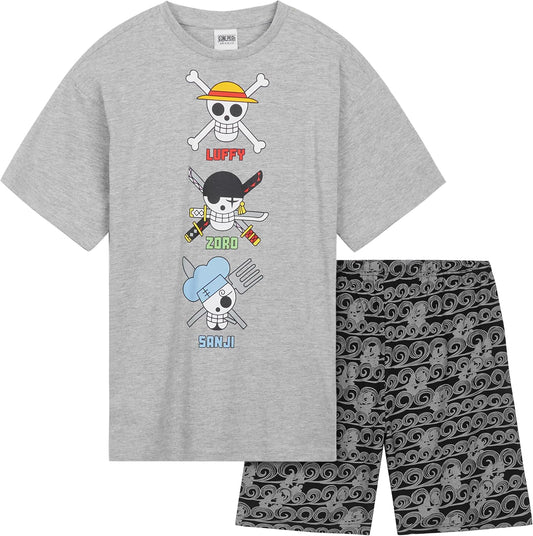One Piece Pajama Set 2-Piece T shirt and Shorts Set Boys Summer PJ Set Loungewear Kids Clothing Matching Anime Gifts (Grey/Black, 9-10 Years)