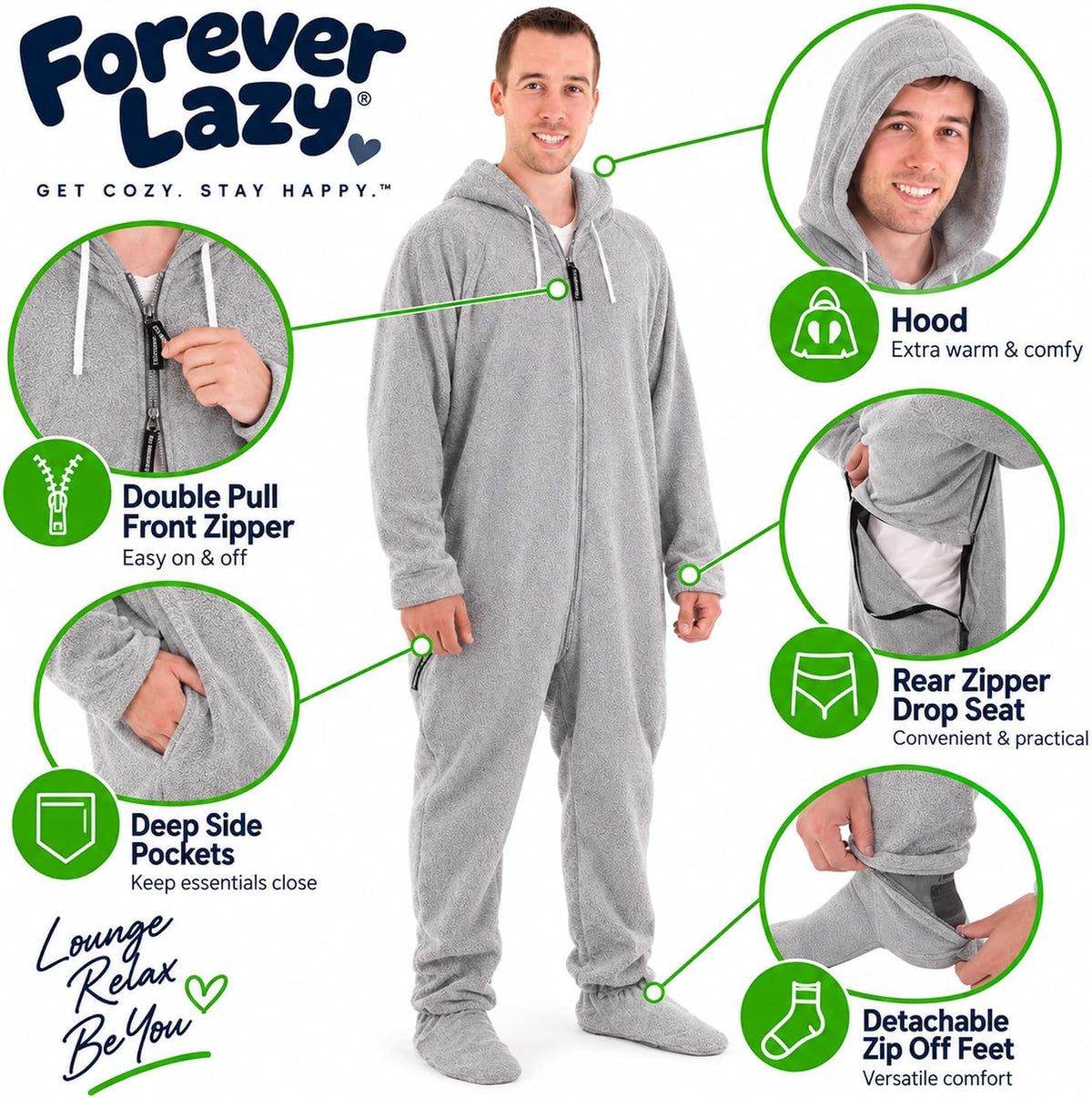 Forever Lazy Adult Onesie Pajamas, Footed Fleece One-Piece Unisex Lounge for Women and Men with Detachable Feet