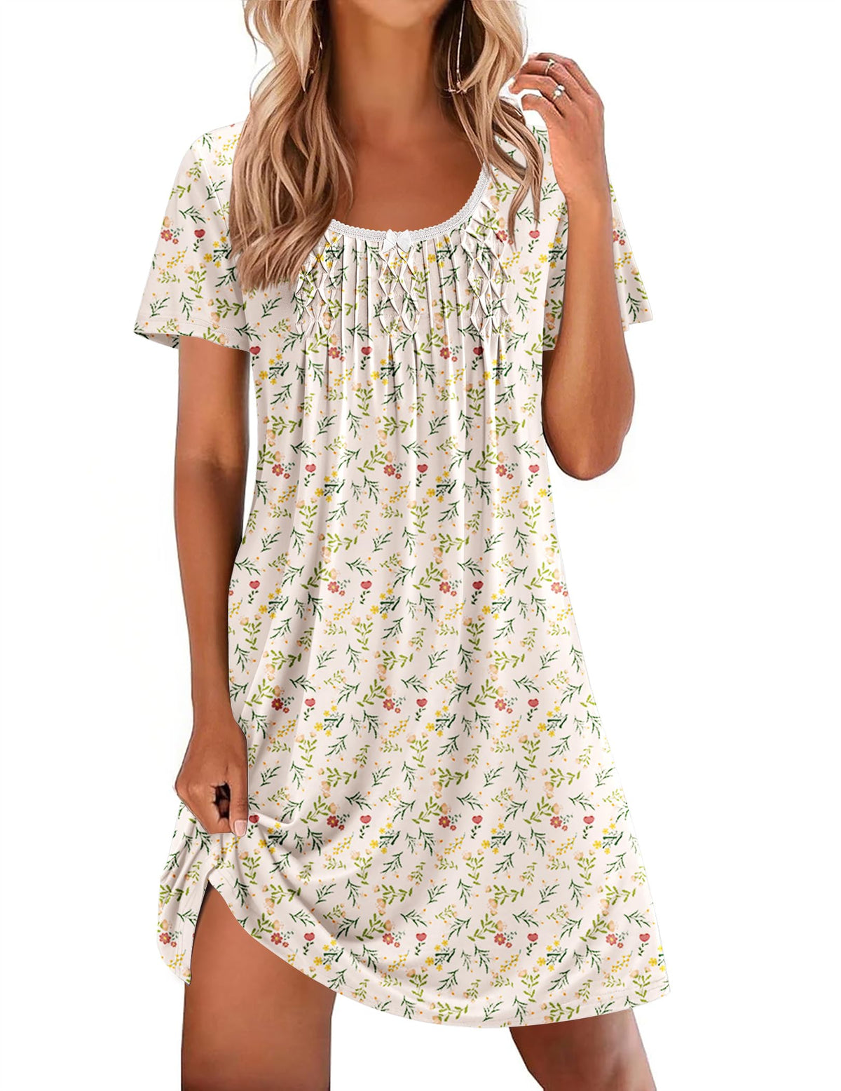 Ekouaer Nightgowns for Women Pleated Sleep Shirts Short Sleeve Night Shirts