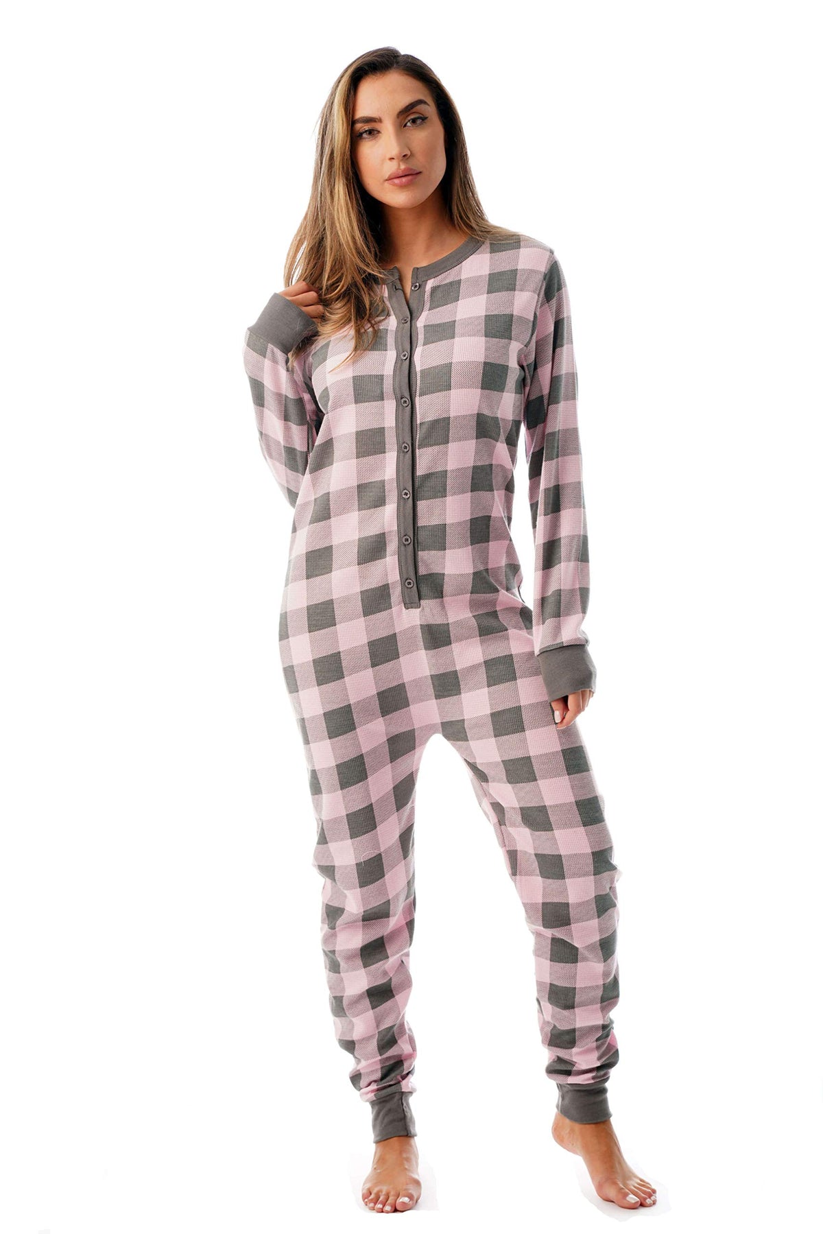#followme Womens Henley Thermal Onesie Buffalo Plaid and Tie Dye