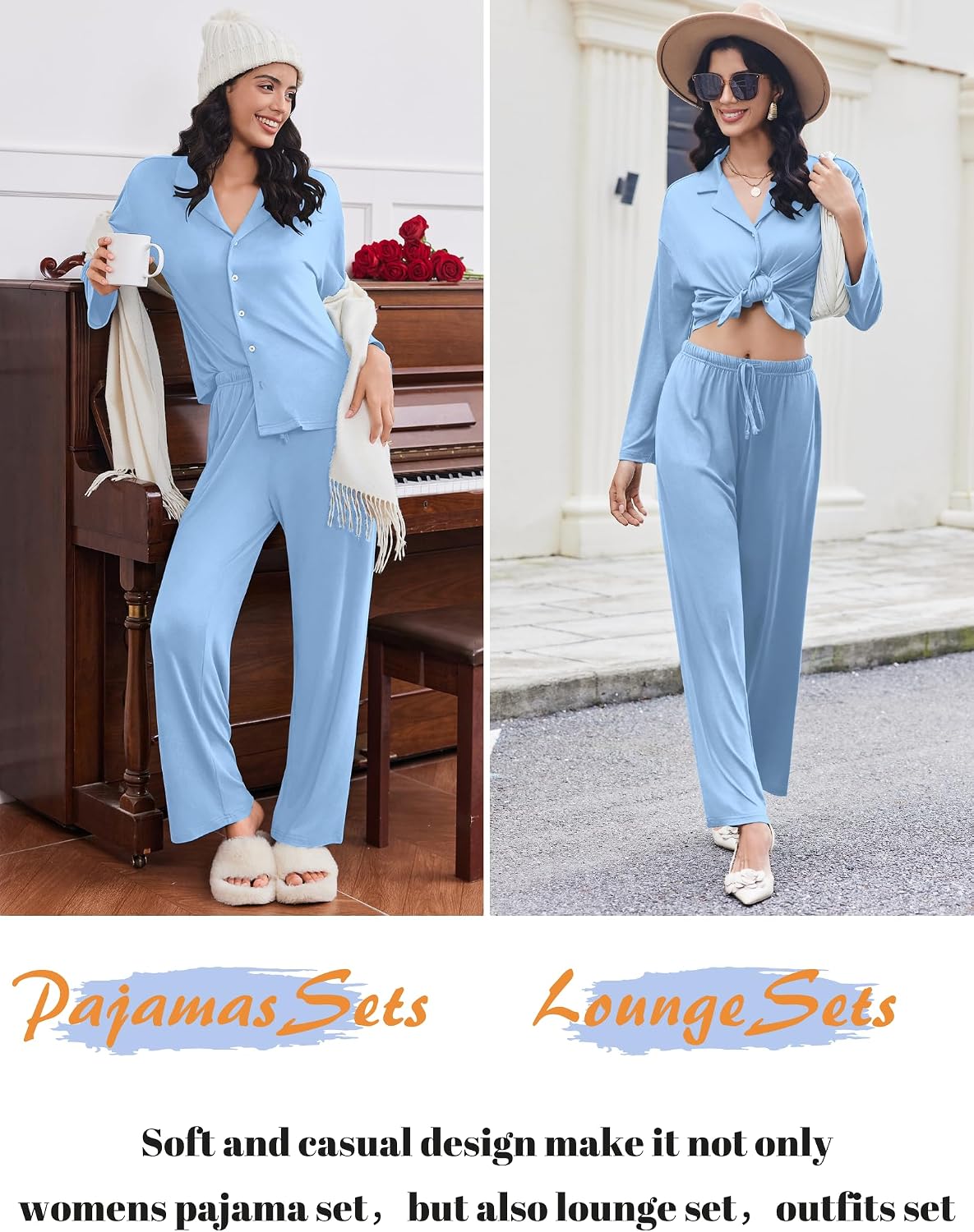 Ekouaer Pajamas for Women Set Button Up Pjs 2 Piece Long Sleeve Lounge Sets