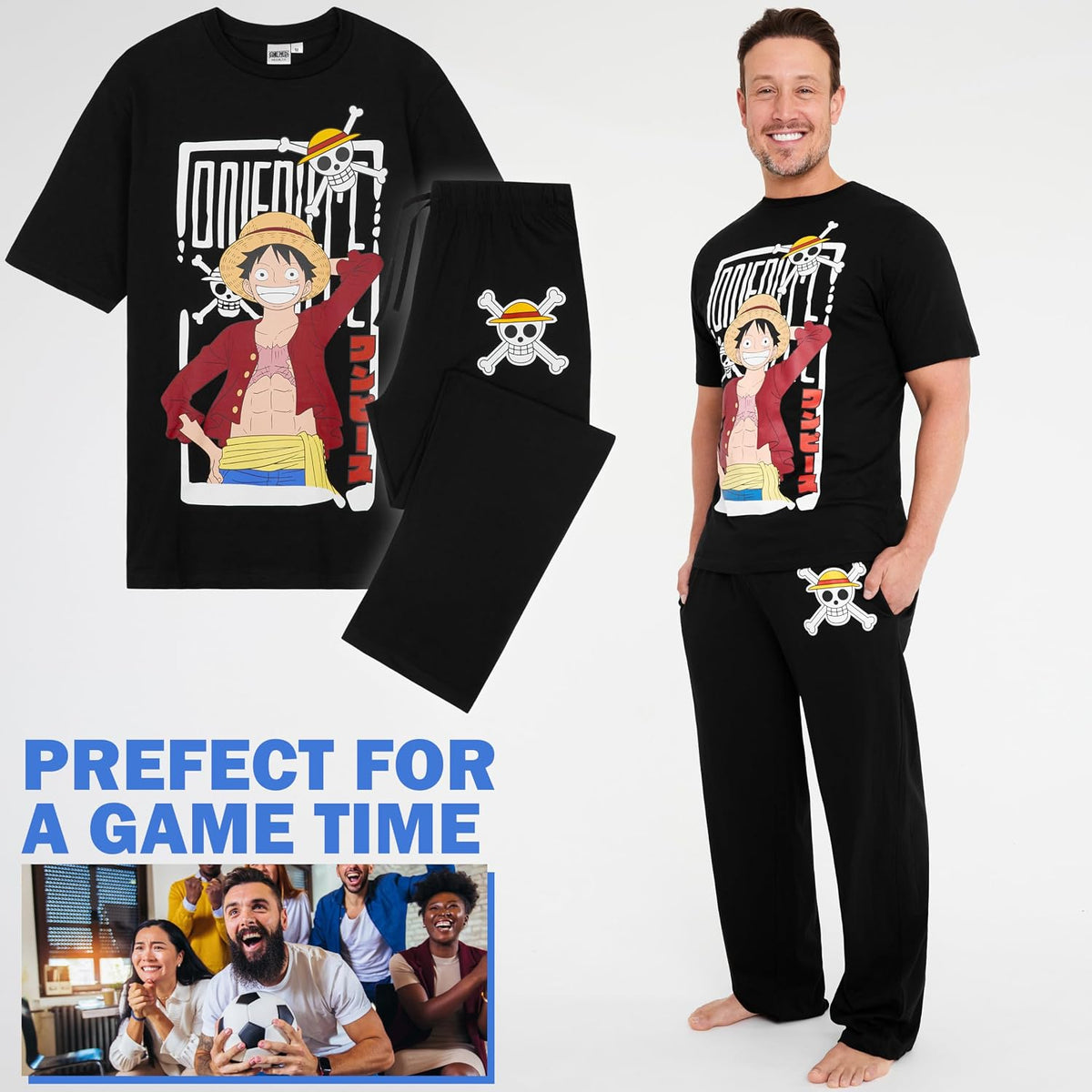 One Piece Pajama Set for Men, Teens, Cotton Lounge Set with Graphic Tee and Pajama Pants, Anime PJs Sleepwear, Gifts for Men