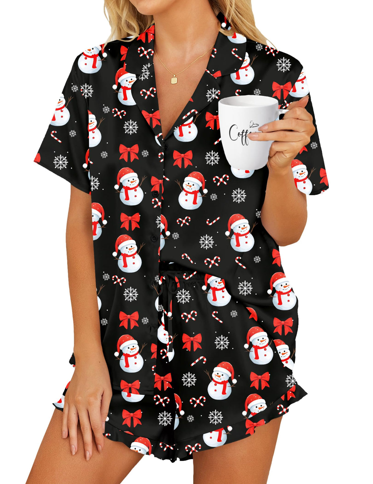 HOTOUCH Womens Satin Pajamas Set Button Down 2 Piece Ruffle Shorts Set