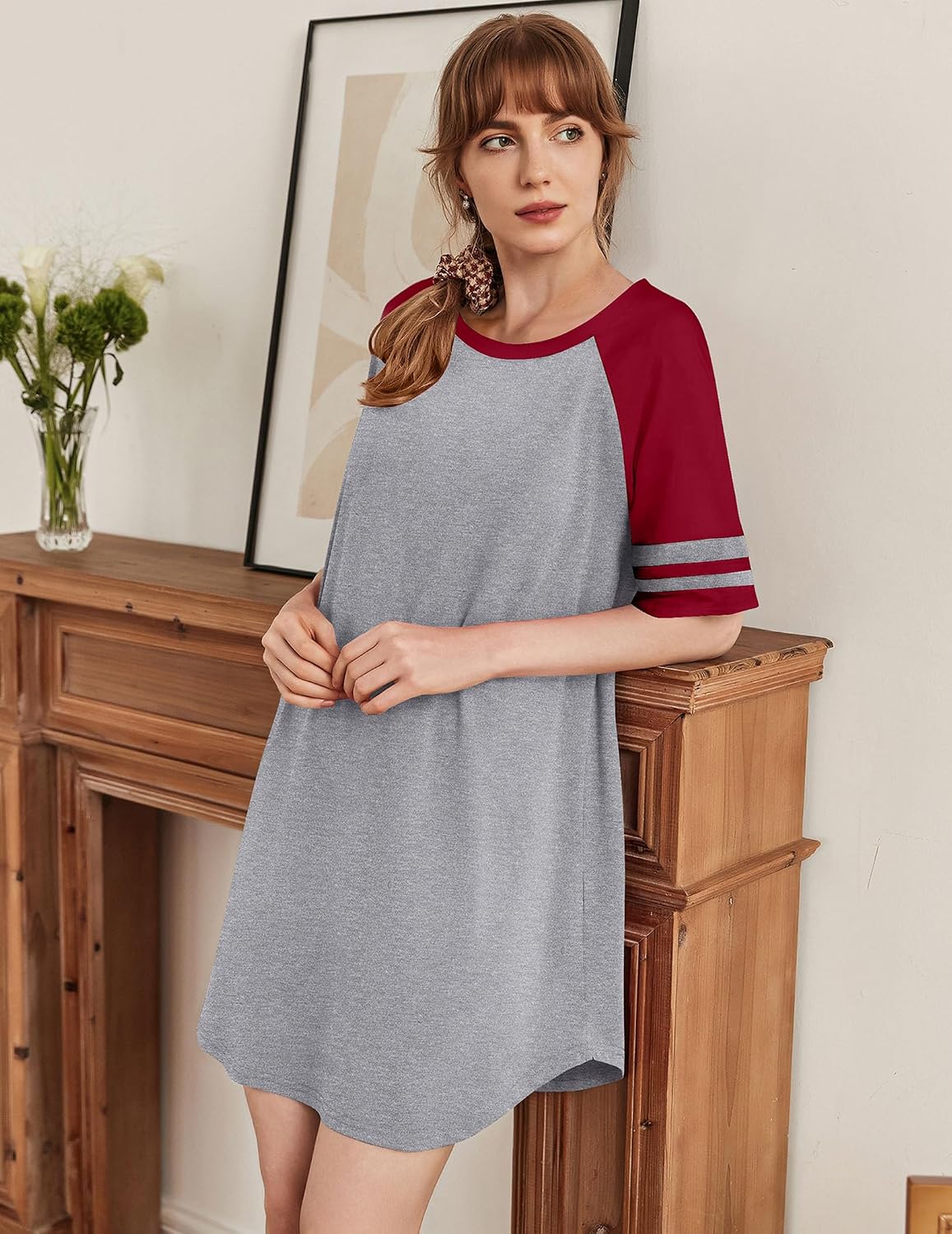 Ekouaer Cotton Nightgowns for Women Color Block Short Sleeve Sleep Shirts