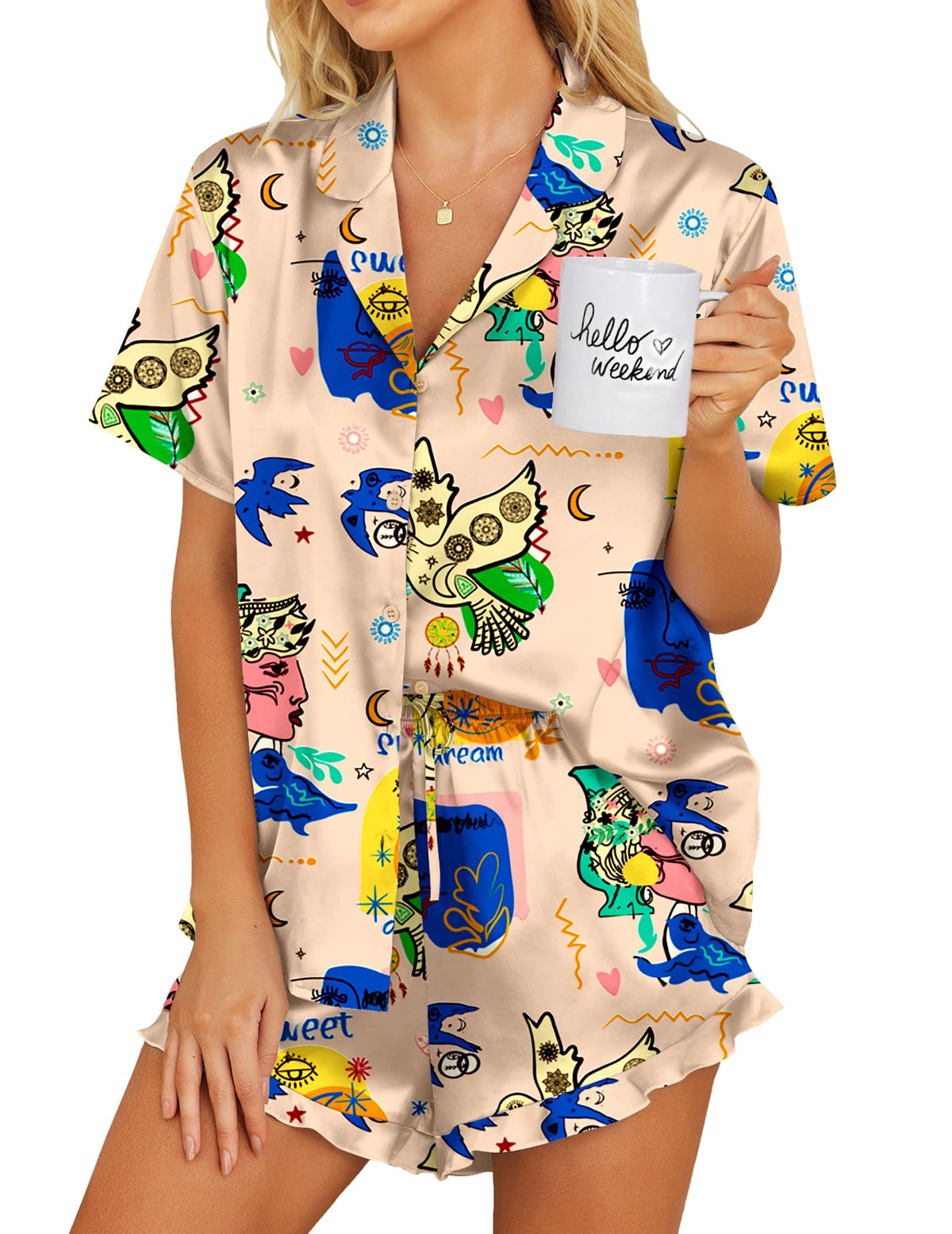 Ekouaer Womens Satin Pajamas Set Button Down 2 Piece Silk Pjs Shorts Set Ruffle Lingerie Notch Collar Sleepwear