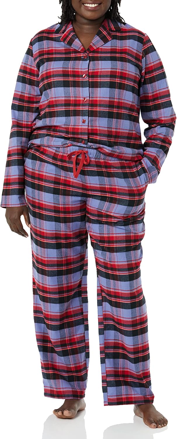 Amazon Essentials Women's Flannel Long-Sleeve Button Front Shirt and Pant Pajama Set